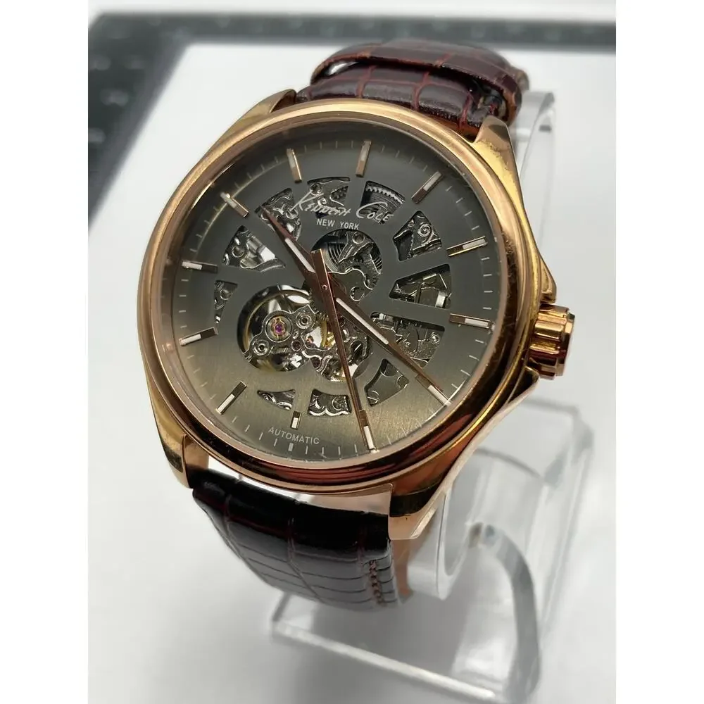 Kenneth Cole KC1549  Mens Automatic Watch 42mm Skeleton Back - WR  Leather Strap - Picture 8 of 13